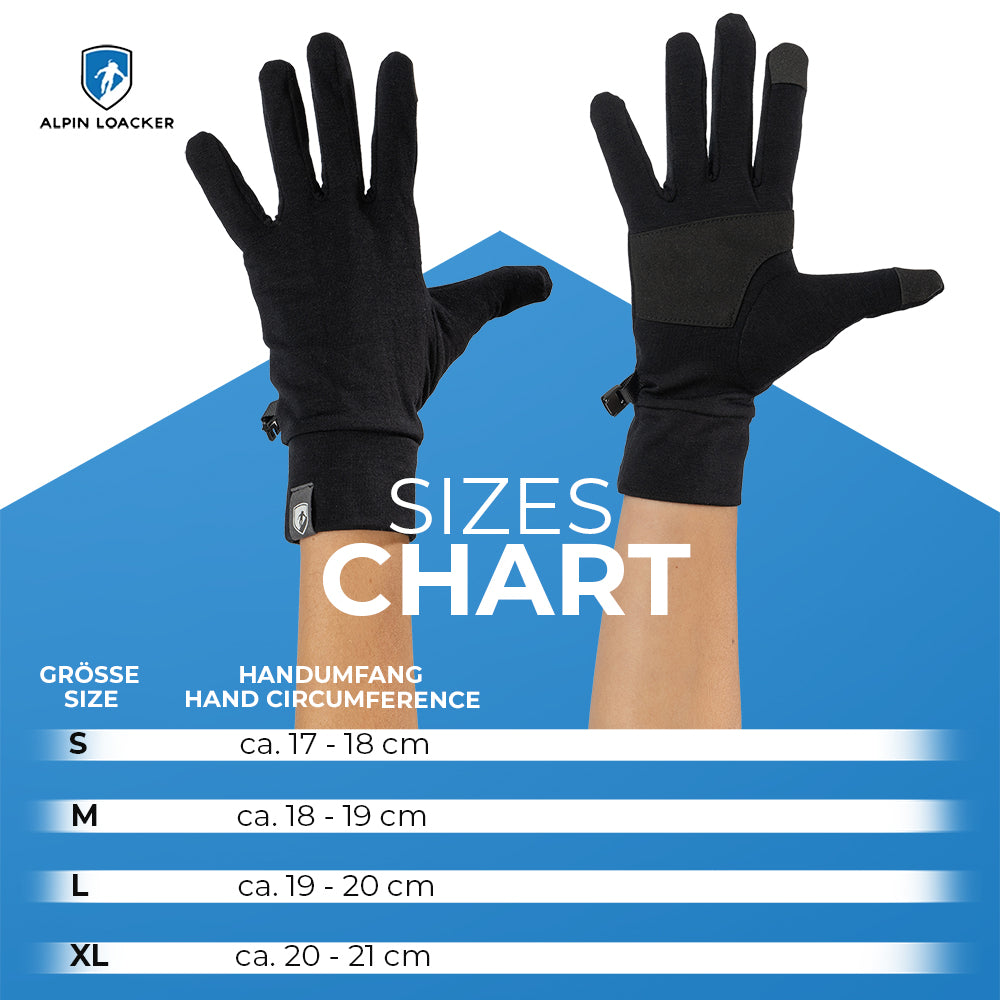 Merino Handschuhe mit Touch Funktion, schwarze Handschuhe an beiden Händen getragen, ideal für Outdoor-Aktivitäten, mit Touchfunktion an Daumen und Zeigefinger für Smartphone-Bedienung.