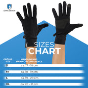 Merino Handschuhe mit Touch Funktion, schwarze Handschuhe an beiden Händen getragen, ideal für Outdoor-Aktivitäten, mit Touchfunktion an Daumen und Zeigefinger für Smartphone-Bedienung.