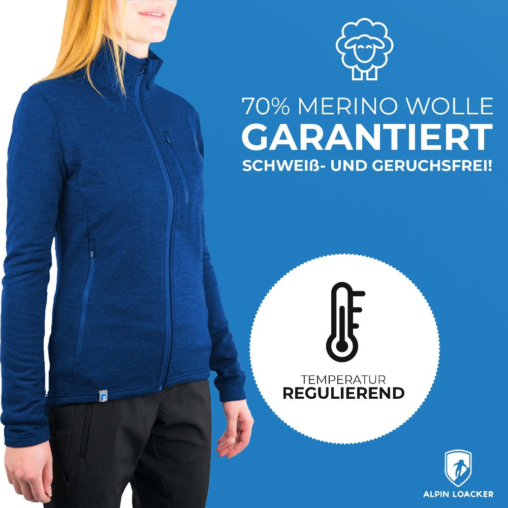 Frau trägt Merino Jacke Damen 270 g/m², ideal für Outdoor-Abenteuer, aus Merinowolle, Viskose und Spandex, bietet Komfort, Atmungsaktivität und Flexibilität.