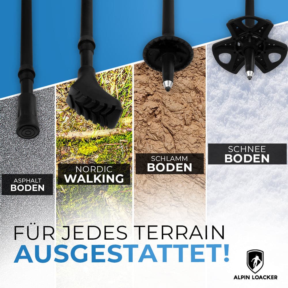Teleskop Wanderstöcke aus Carbon von Alpin Loacker, robust und leicht. Verschiedene Pol-Designs, ergonomische Griffe, stoßdämpfend, ideal für vielseitiges Outdoor-Abenteuer.