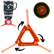 Camping Gaskocher Set, ultraleicht und kompakt, ideal für Outdoor-Aktivitäten. Integrierter Wärmetauscher für effizientes Kochen, mit Neoprenüberzug und abnehmbaren Edelstahlgriffen.