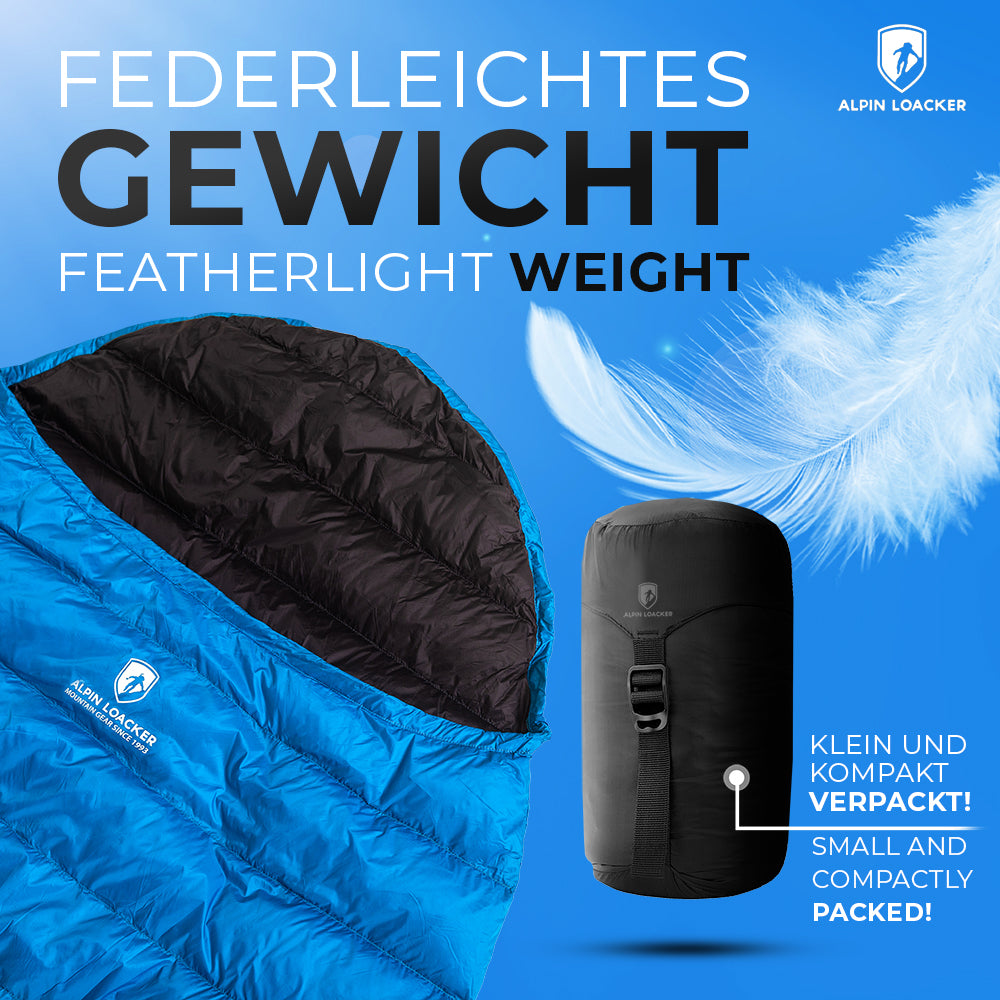 Leichter Sommer Daunenschlafsack, ultraleicht und kompakt, ideal für Outdoor-Abenteuer. Enthält recyceltes Polyester, wasserabweisend und atmungsaktiv, mit Packsack. Perfekt für Trekking und Camping.