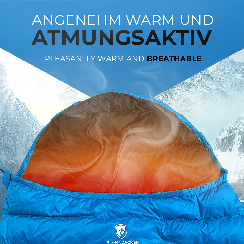 Leichter Sommer Daunenschlafsack: Ultraleicht, kompakt, ideal für Reisen und Camping, mit recyceltem Polyester, zertifizierter Daune, inklusive Packsack. Perfekt für Outdoor-Abenteuer.