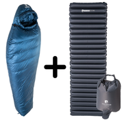 3 Jahreszeiten Schlafsack Bundle mit Daunenschlafsack und ultraleichter Schlafmatte, ideal für Outdoor-Abenteuer bei kühlen Temperaturen. Perfekter Komfort und Wärmeschutz für Trekking-Fans.