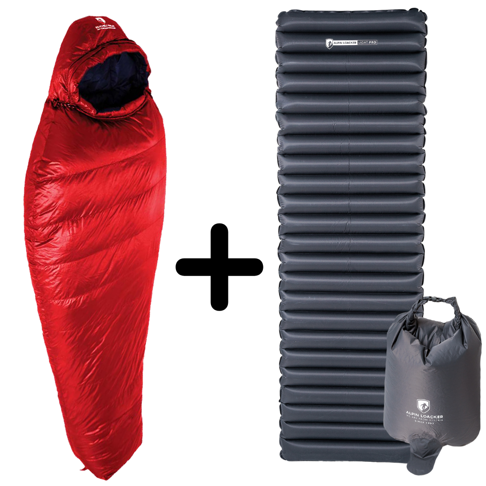 3 Jahreszeiten Schlafsack Bundle mit rotem Daunenschlafsack und schwarzer Light Pro Schlafmatte, ideal für Outdoor-Abenteuer und kühle Nächte.
