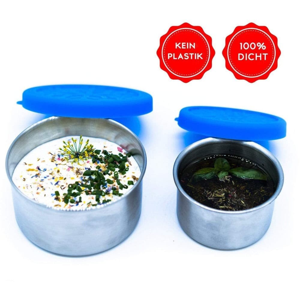 Edelstahl Behälter mit Silikondeckel, ideal für Outdoor-Abenteuer; zwei auslaufsichere Dosen unterschiedlicher Größe für Saucen und Snacks, leicht und umweltfreundlich.