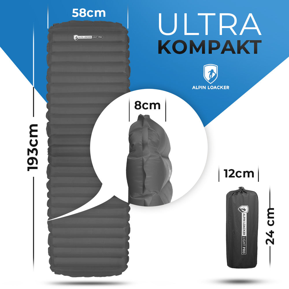 Leichte Isomatte isoliert mit Kunstdaune, ideal für Camping und Trekking, bietet Komfort und Schutz bis -5°C, kompaktes Design und nur 750g.