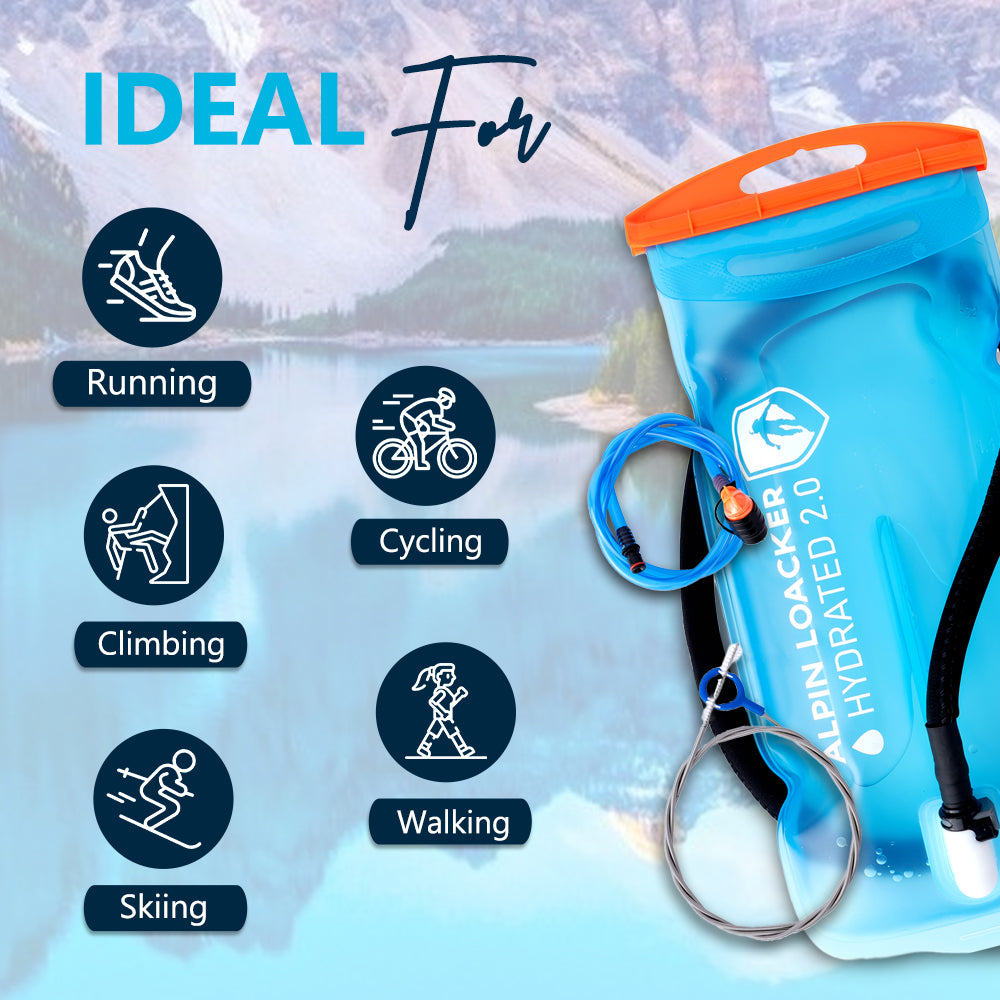 Trinkblase für Sommer + Winter: Eine blaue Wasserblase mit Schlauch, ideal für Outdoor-Sportarten, leicht, robust und auslaufsicher. Perfekt für Rucksäcke mit Trinksystem.