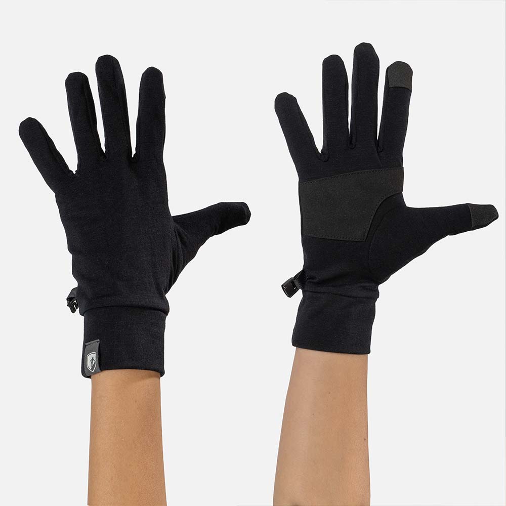 Merino Handschuhe mit Touch Funktion, robust und langlebig, ideal für Outdoor-Aktivitäten. Schwarz, abriebfest mit Kunstleder-Einsatz, Touchfunktion an Daumen und Zeigefinger.