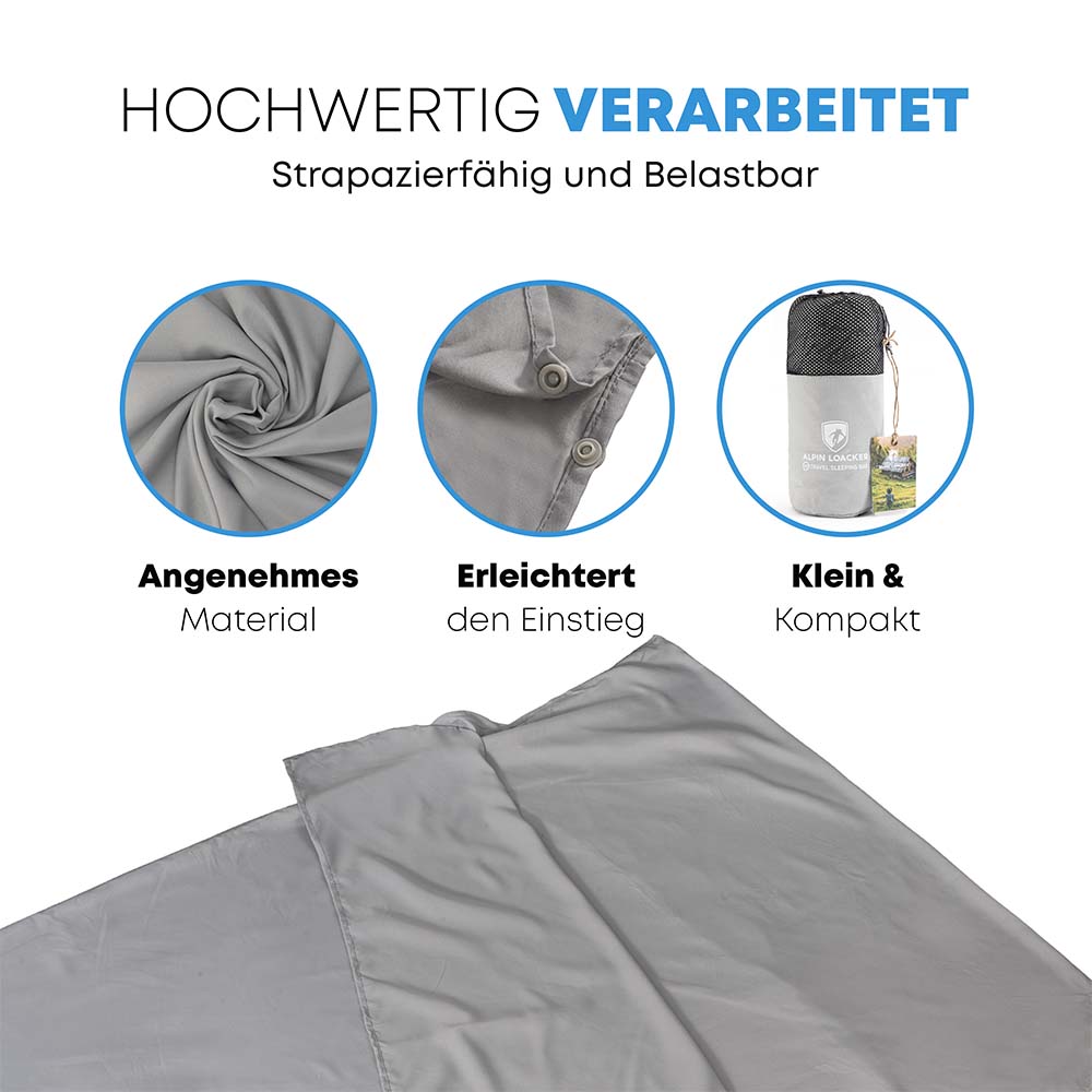 Reiseschlafsack und Hüttenschlafsack ultraleicht mit Druckknopfverschluss, aus recyceltem Polyester, ideal für Reisen und Camping, auf weißer Oberfläche dargestellt.