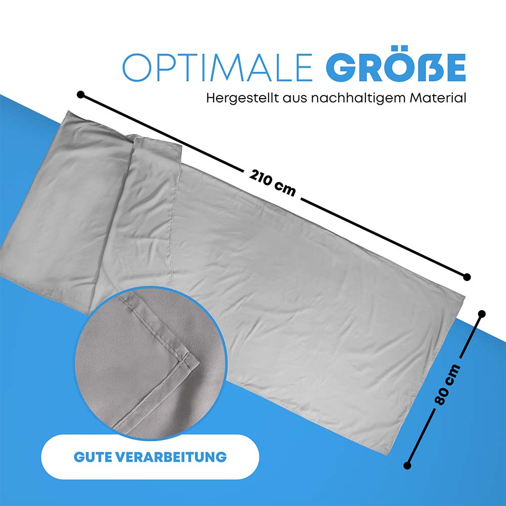 Reiseschlafsack und Hüttenschlafsack ultraleicht, weiß, mit kompaktem Design und nachhaltigem Material aus recyceltem Polyester, ideal für Outdoor-Abenteuer und Reisen.