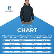 Mann in schwarzer Jacke vor Diagramm; zeigt Herren 3 Lagen Hardshell Regenjacke, ideal für Outdoor-Aktivitäten mit wasserdichten und atmungsaktiven Eigenschaften.