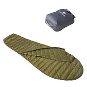 Ultra leichter Daunen Sommerschlafsack 290g, ideal für Outdoor-Abenteuer; leicht, kompakt, auf weißem Hintergrund mit grauem Packsack abgebildet.
