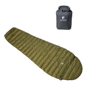 Ultra leichter Daunen Sommerschlafsack 290g, ideal für Outdoor-Abenteuer, zeigt sich leicht und kompakt für vielseitige Verwendung, inklusive praktischem, wasserdichtem Packsack.